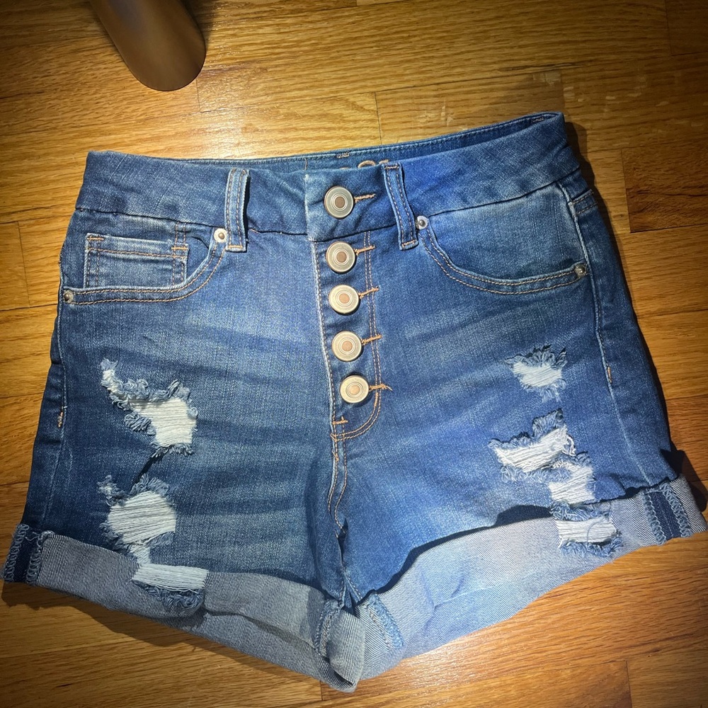 High-Rise Distressed Button-Front Denim Shorts - Blue